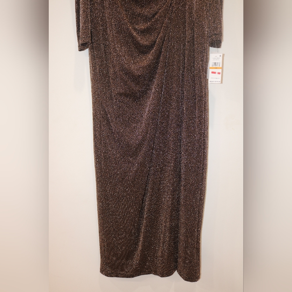 Alex Evenings Plus Size Off-the-Shoulder Side-Slit Glitter Dress - Black/Copper - Picture 4 of 12